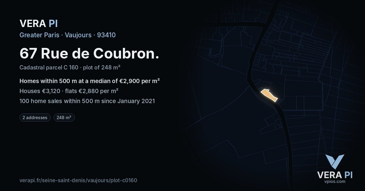67 Rue de Coubron, Vaujours at night – the plot lit, the parcels around coloured by the prices near them