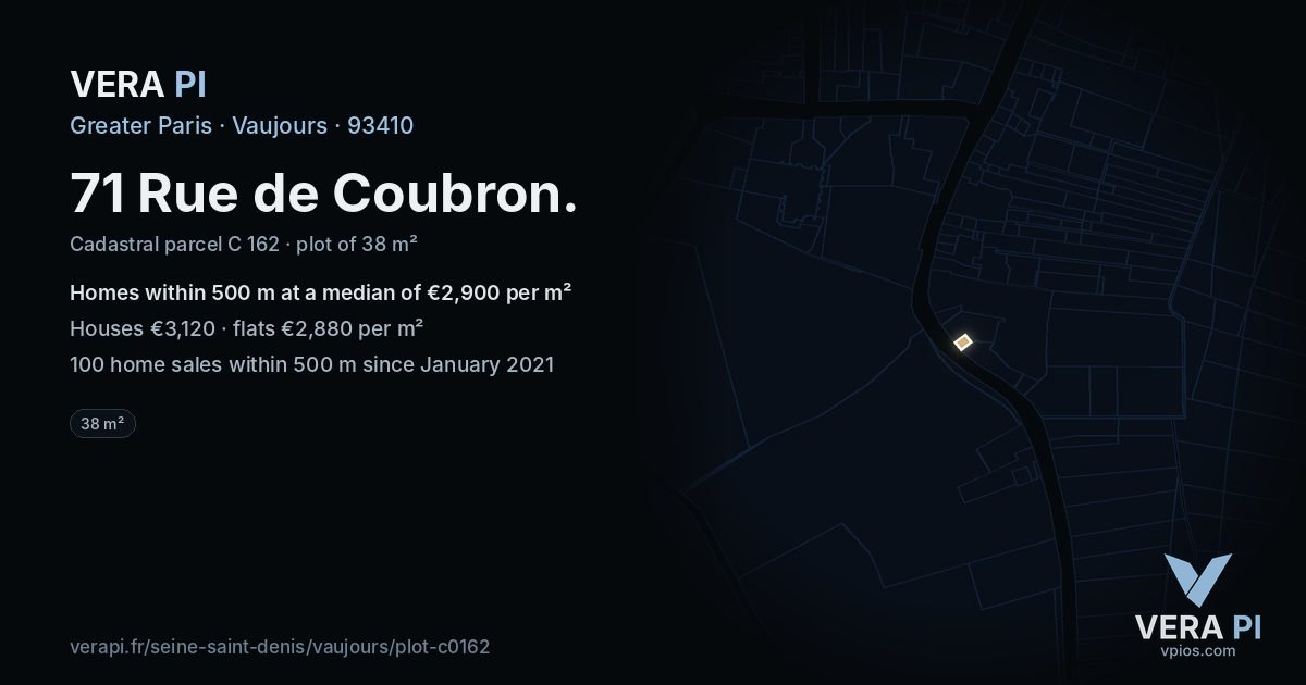 71 Rue de Coubron, Vaujours at night – the plot lit, the parcels around coloured by the prices near them