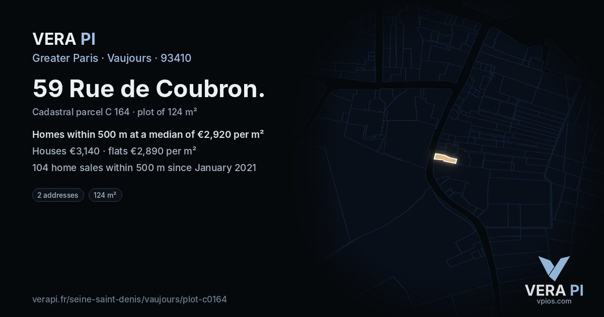 59 Rue de Coubron, Vaujours at night – the plot lit, the parcels around coloured by the prices near them