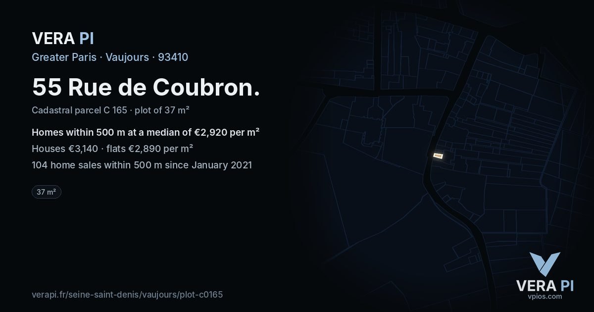 55 Rue de Coubron, Vaujours at night – the plot lit, the parcels around coloured by the prices near them