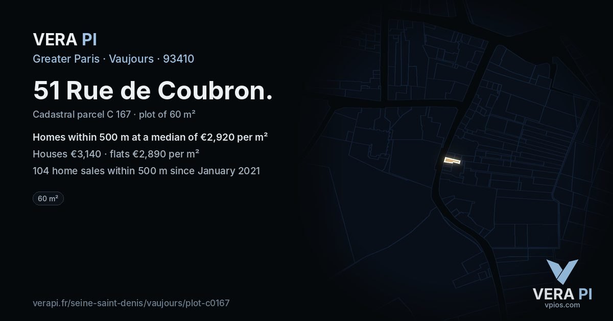 51 Rue de Coubron, Vaujours at night – the plot lit, the parcels around coloured by the prices near them