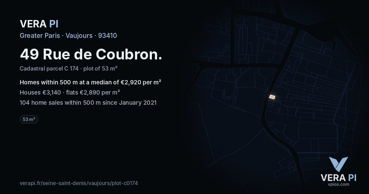49 Rue de Coubron, Vaujours at night – the plot lit, the parcels around coloured by the prices near them