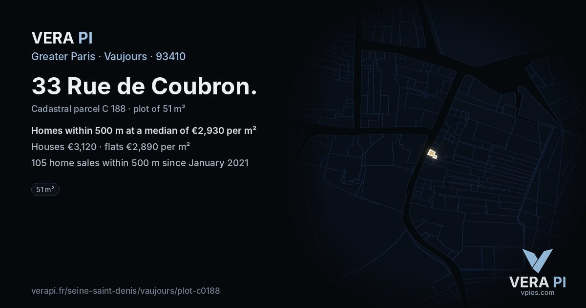 33 Rue de Coubron, Vaujours at night – the plot lit, the parcels around coloured by the prices near them
