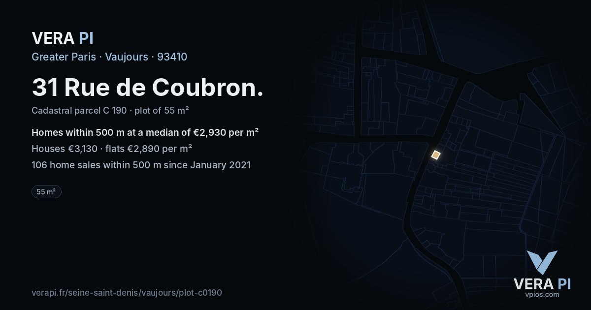 31 Rue de Coubron, Vaujours at night – the plot lit, the parcels around coloured by the prices near them