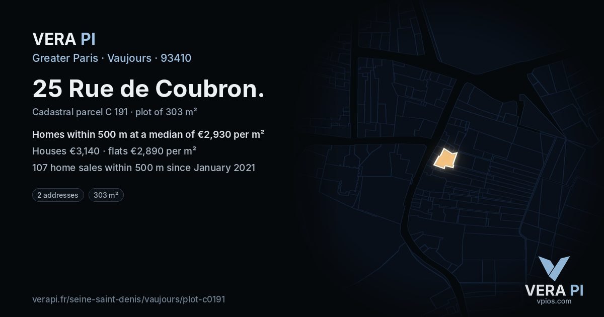 25 Rue de Coubron, Vaujours at night – the plot lit, the parcels around coloured by the prices near them