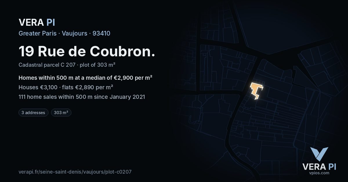 19 Rue de Coubron, Vaujours at night – the plot lit, the parcels around coloured by the prices near them