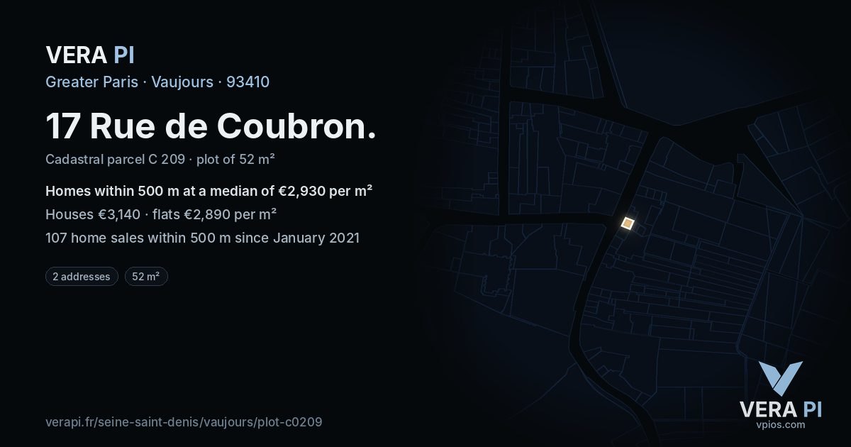 17 Rue de Coubron, Vaujours at night – the plot lit, the parcels around coloured by the prices near them