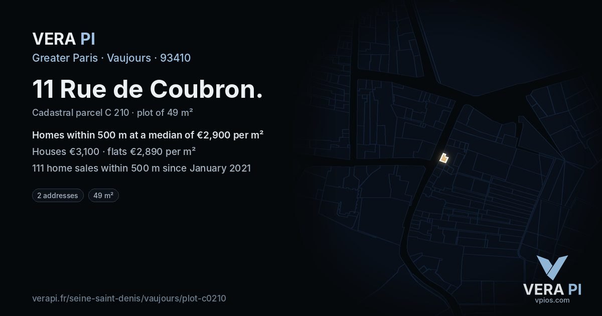 11 Rue de Coubron, Vaujours at night – the plot lit, the parcels around coloured by the prices near them