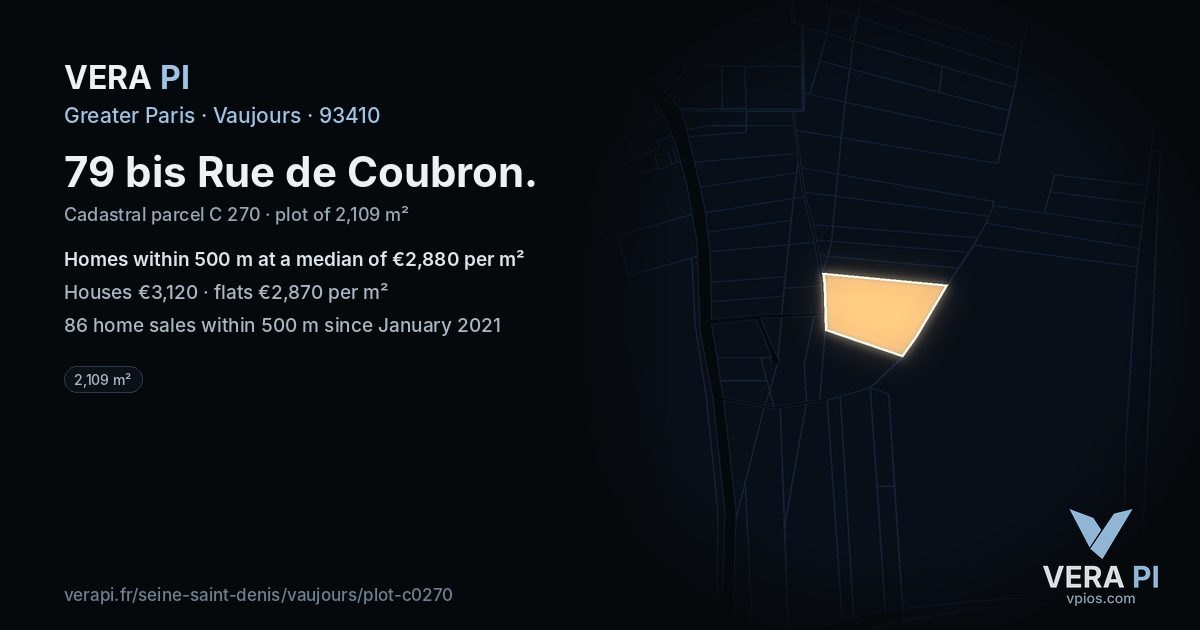 79 bis Rue de Coubron, Vaujours at night – the plot lit, the parcels around coloured by the prices near them
