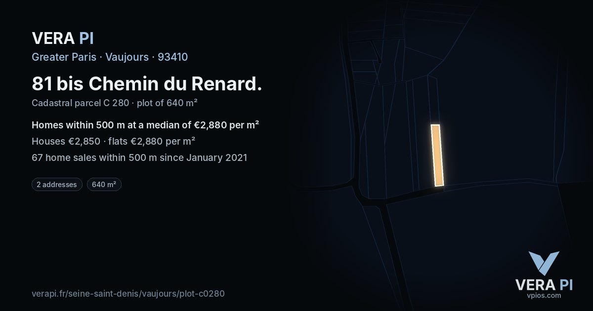 81 bis Chemin du Renard, Vaujours at night – the plot lit, the parcels around coloured by the prices near them