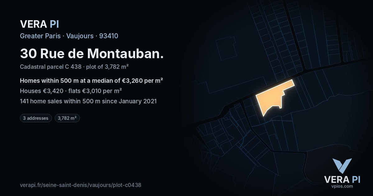 30 Rue de Montauban, Vaujours at night – the plot lit, the parcels around coloured by the prices near them