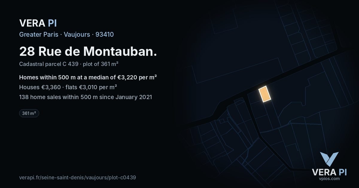 28 Rue de Montauban, Vaujours at night – the plot lit, the parcels around coloured by the prices near them