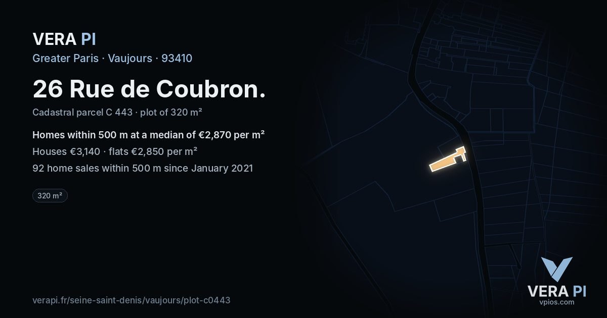 26 Rue de Coubron, Vaujours at night – the plot lit, the parcels around coloured by the prices near them