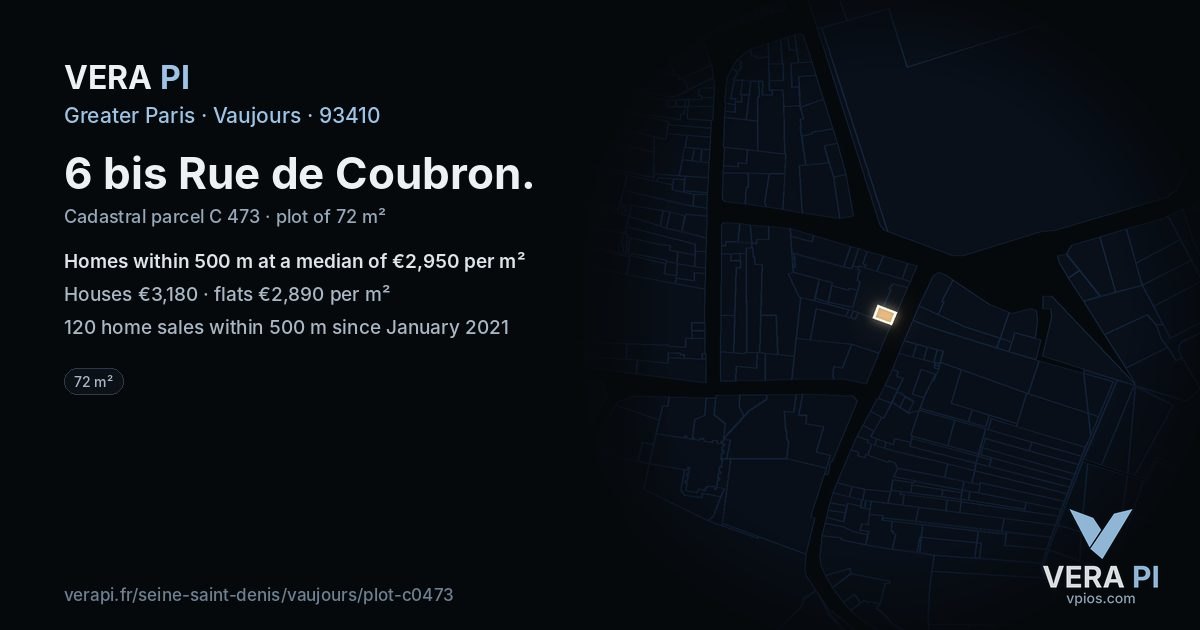 6 bis Rue de Coubron, Vaujours at night – the plot lit, the parcels around coloured by the prices near them