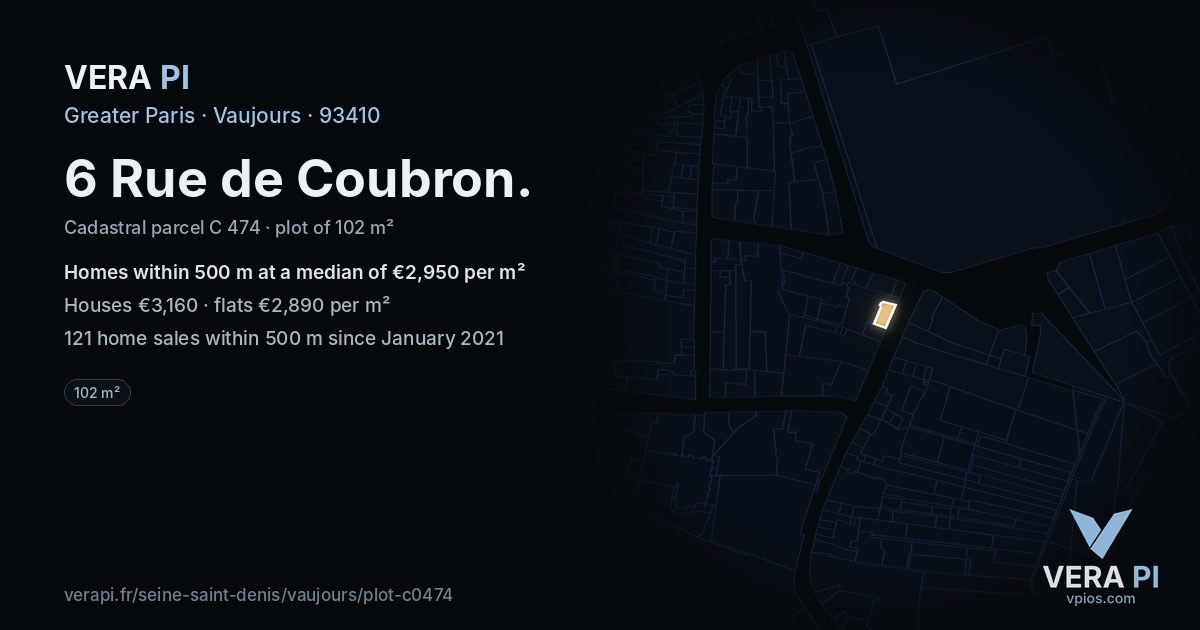 6 Rue de Coubron, Vaujours at night – the plot lit, the parcels around coloured by the prices near them
