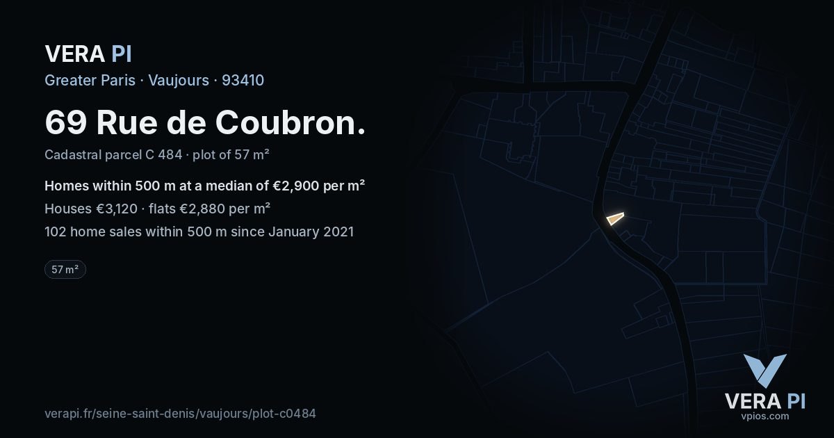 69 Rue de Coubron, Vaujours at night – the plot lit, the parcels around coloured by the prices near them