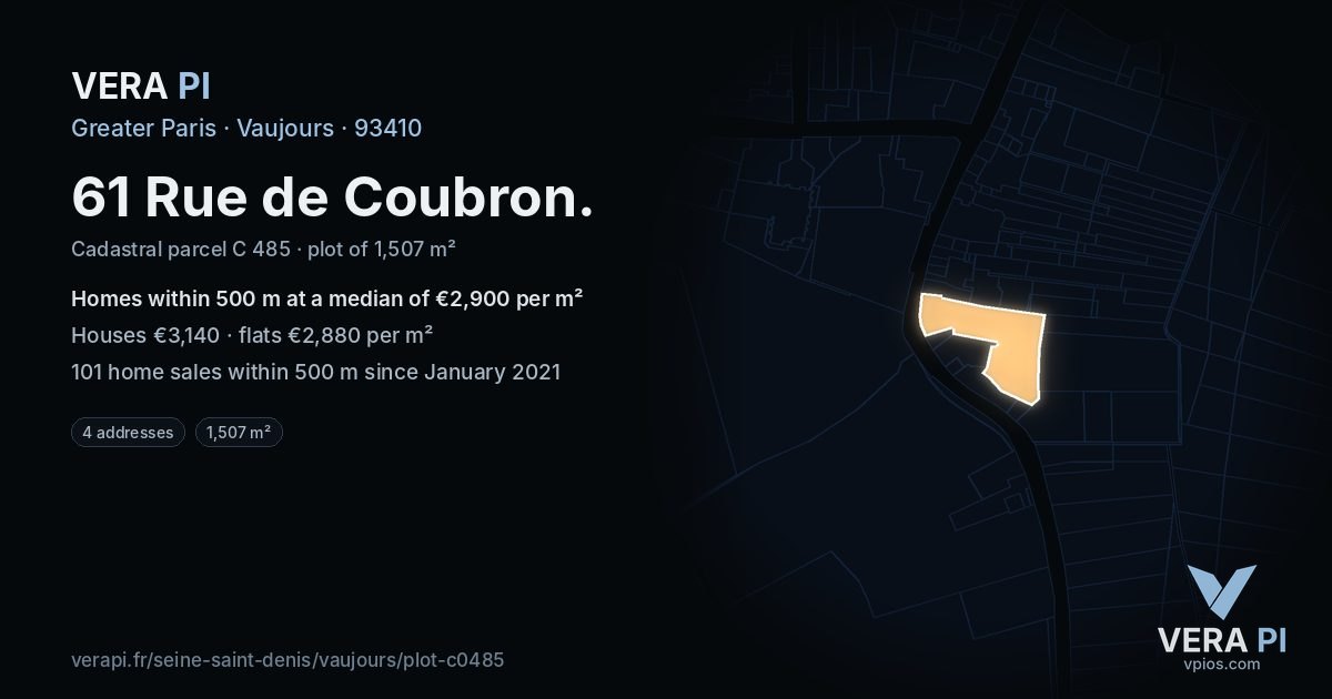 61 Rue de Coubron, Vaujours at night – the plot lit, the parcels around coloured by the prices near them