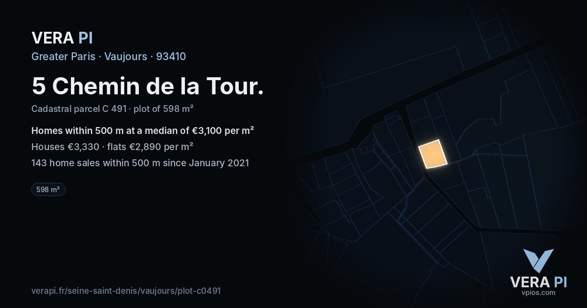5 Chemin de la Tour, Vaujours at night – the plot lit, the parcels around coloured by the prices near them