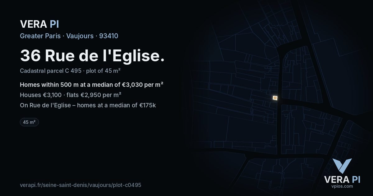 36 Rue de l'Eglise, Vaujours at night – the plot lit, the parcels around coloured by the prices near them