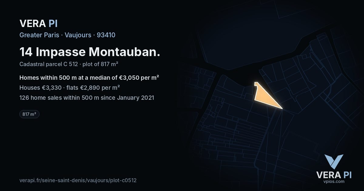 14 Impasse Montauban, Vaujours at night – the plot lit, the parcels around coloured by the prices near them