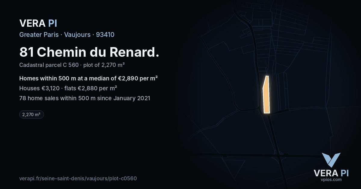 81 Chemin du Renard, Vaujours at night – the plot lit, the parcels around coloured by the prices near them