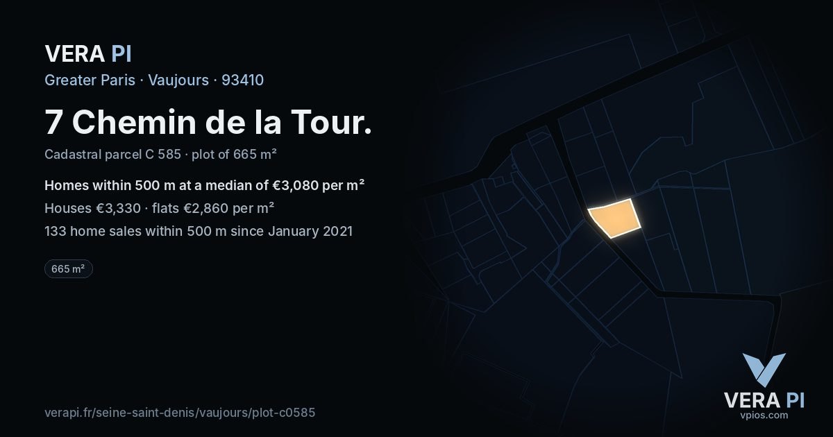 7 Chemin de la Tour, Vaujours at night – the plot lit, the parcels around coloured by the prices near them