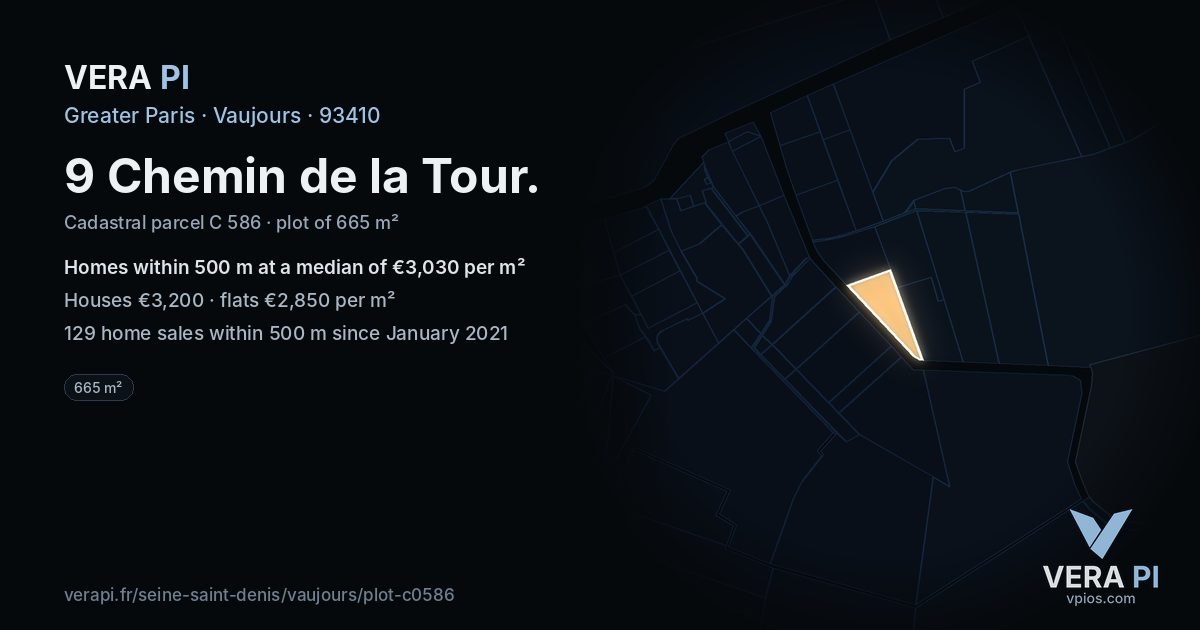 9 Chemin de la Tour, Vaujours at night – the plot lit, the parcels around coloured by the prices near them