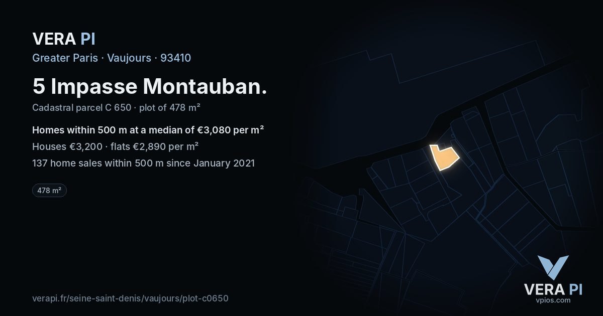 5 Impasse Montauban, Vaujours at night – the plot lit, the parcels around coloured by the prices near them