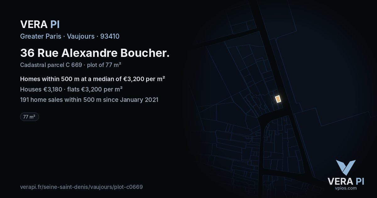 36 Rue Alexandre Boucher, Vaujours at night – the plot lit, the parcels around coloured by the prices near them