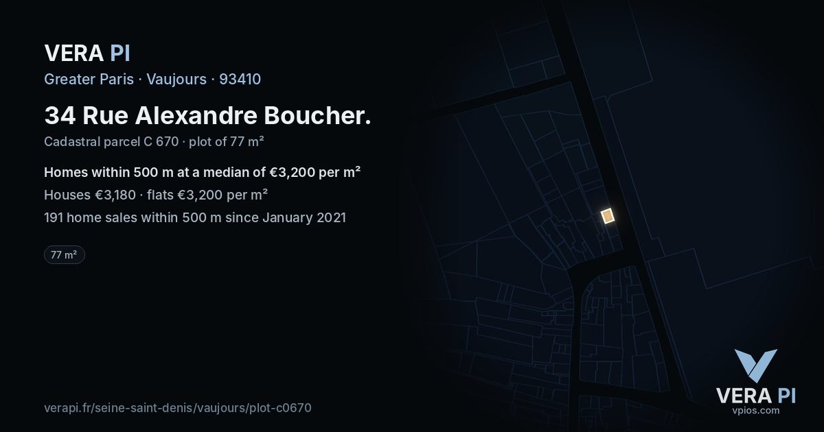 34 Rue Alexandre Boucher, Vaujours at night – the plot lit, the parcels around coloured by the prices near them