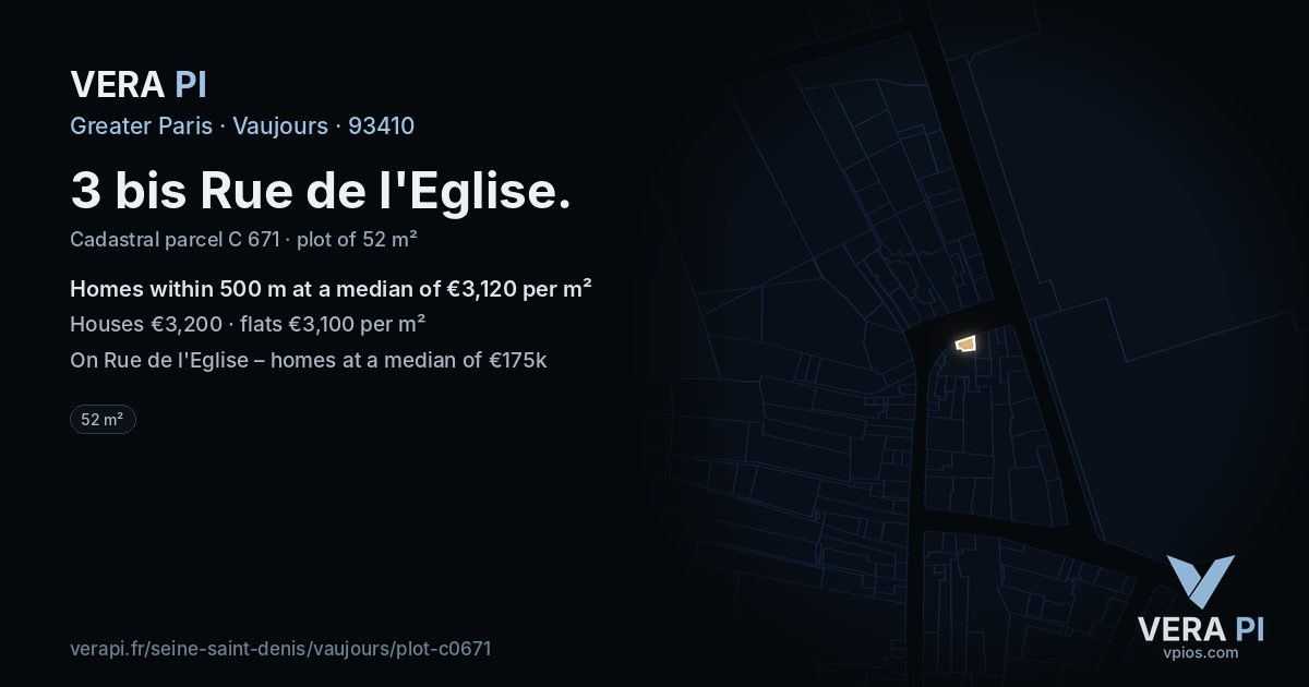 3 bis Rue de l'Eglise, Vaujours at night – the plot lit, the parcels around coloured by the prices near them