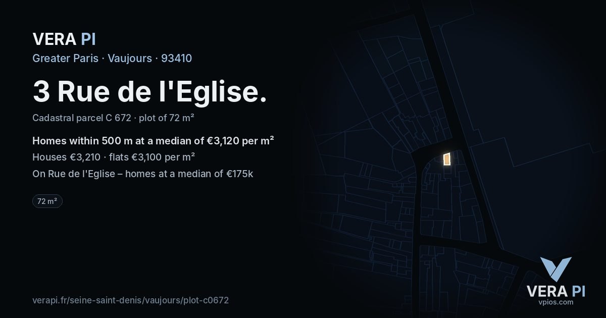 3 Rue de l'Eglise, Vaujours at night – the plot lit, the parcels around coloured by the prices near them