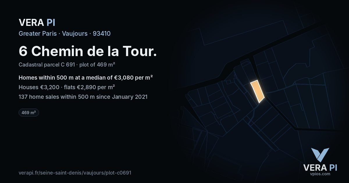6 Chemin de la Tour, Vaujours at night – the plot lit, the parcels around coloured by the prices near them