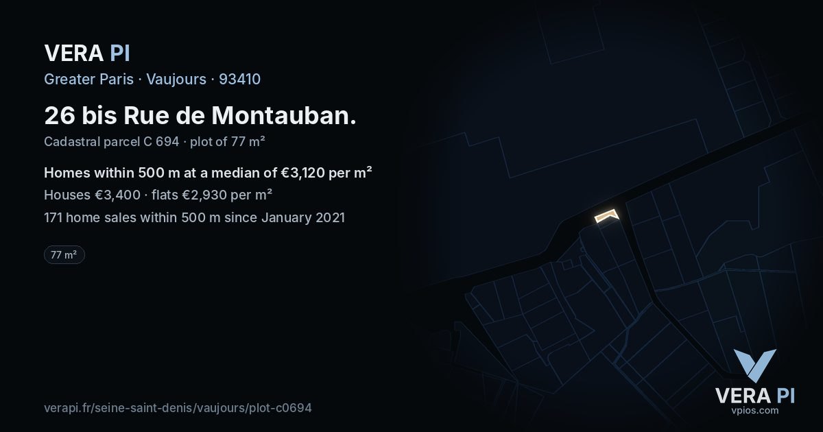 26 bis Rue de Montauban, Vaujours at night – the plot lit, the parcels around coloured by the prices near them