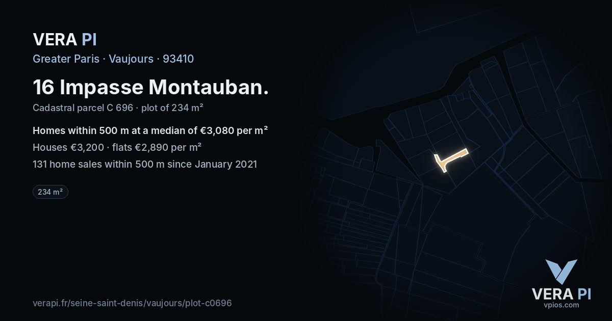 16 Impasse Montauban, Vaujours at night – the plot lit, the parcels around coloured by the prices near them