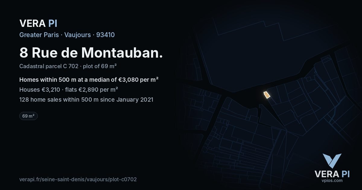 8 Rue de Montauban, Vaujours at night – the plot lit, the parcels around coloured by the prices near them