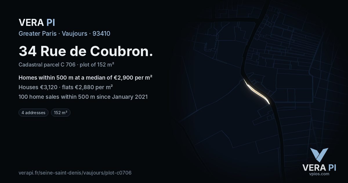 34 Rue de Coubron, Vaujours at night – the plot lit, the parcels around coloured by the prices near them