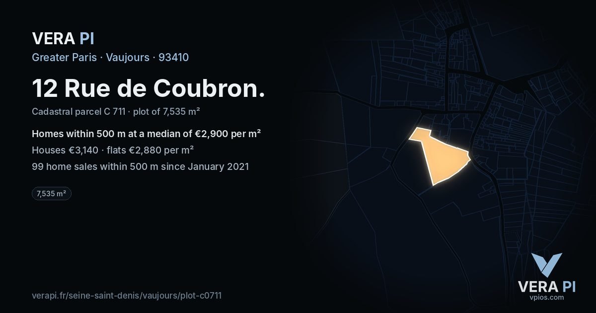 12 Rue de Coubron, Vaujours at night – the plot lit, the parcels around coloured by the prices near them