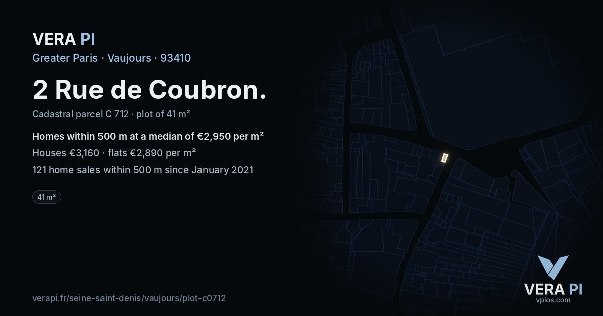 2 Rue de Coubron, Vaujours at night – the plot lit, the parcels around coloured by the prices near them