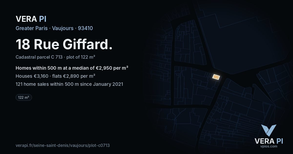 18 Rue Giffard, Vaujours at night – the plot lit, the parcels around coloured by the prices near them