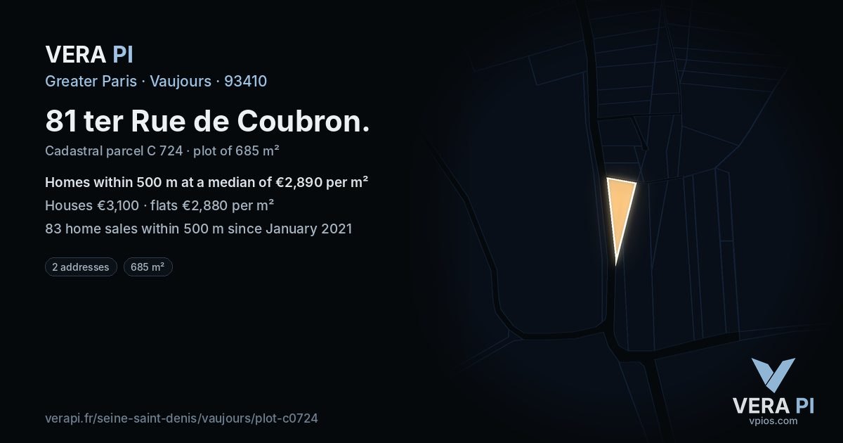 81 ter Rue de Coubron, Vaujours at night – the plot lit, the parcels around coloured by the prices near them