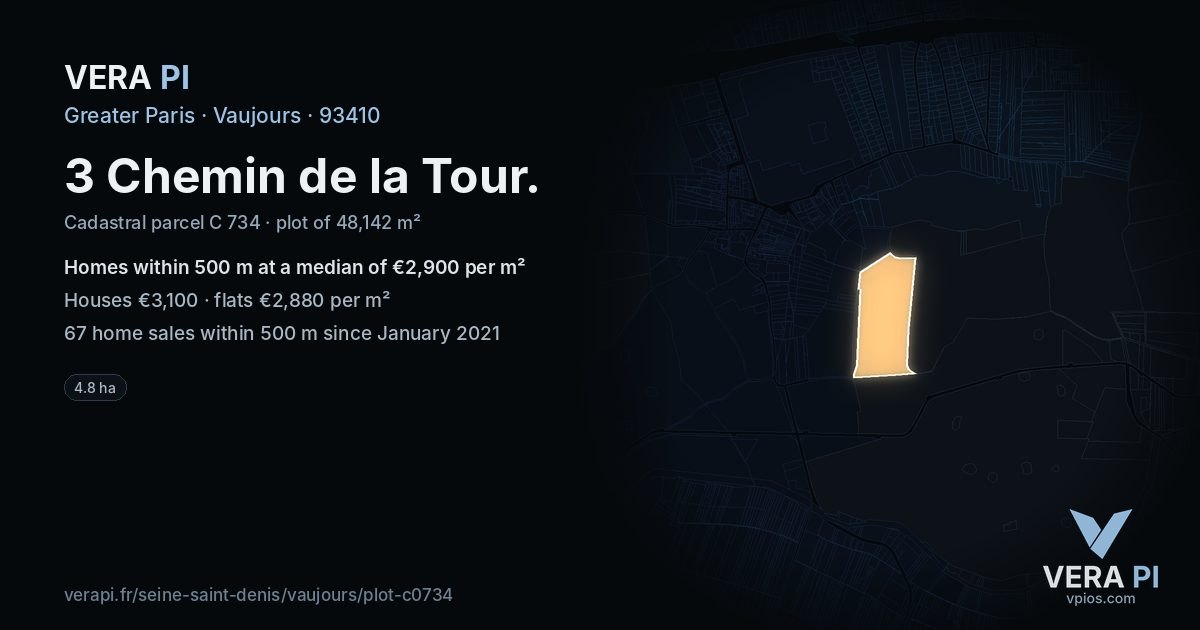 3 Chemin de la Tour, Vaujours at night – the plot lit, the parcels around coloured by the prices near them