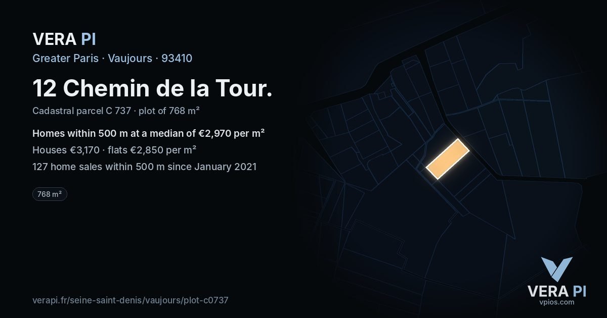 12 Chemin de la Tour, Vaujours at night – the plot lit, the parcels around coloured by the prices near them