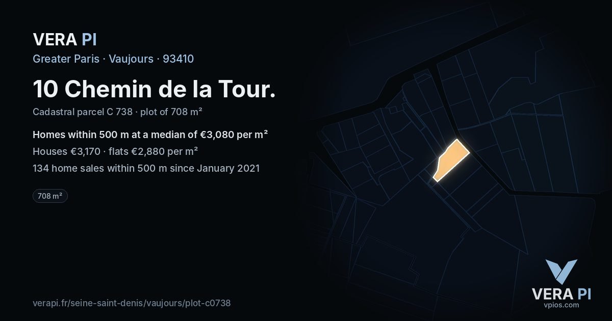 10 Chemin de la Tour, Vaujours at night – the plot lit, the parcels around coloured by the prices near them