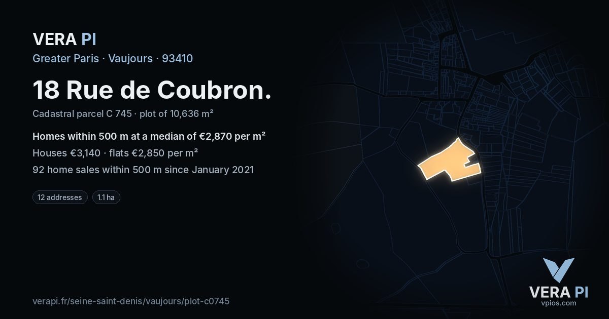18 Rue de Coubron, Vaujours at night – the plot lit, the parcels around coloured by the prices near them
