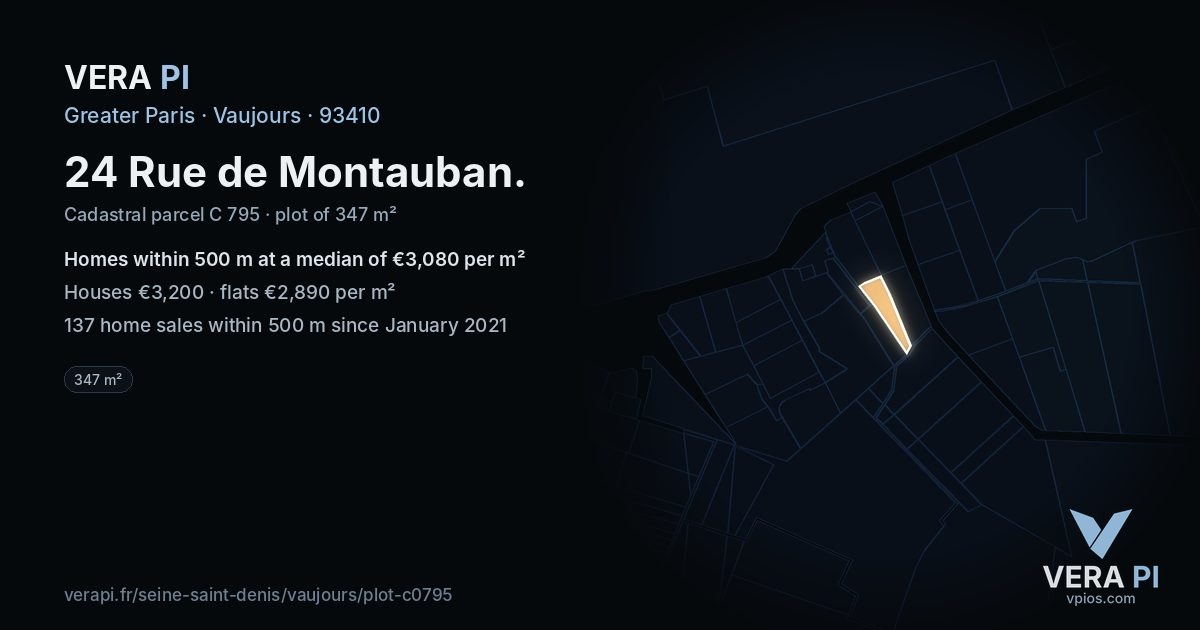 24 Rue de Montauban, Vaujours at night – the plot lit, the parcels around coloured by the prices near them