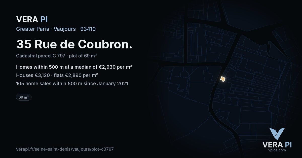 35 Rue de Coubron, Vaujours at night – the plot lit, the parcels around coloured by the prices near them