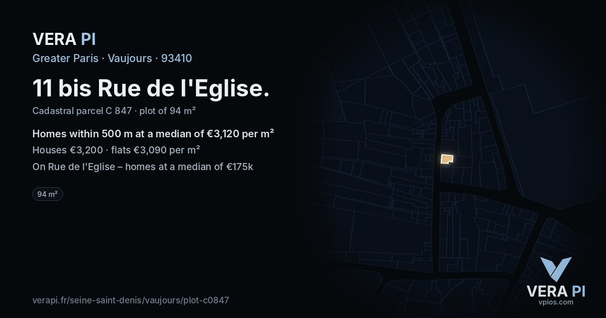 11 bis Rue de l'Eglise, Vaujours at night – the plot lit, the parcels around coloured by the prices near them
