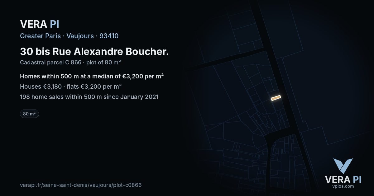 30 bis Rue Alexandre Boucher, Vaujours at night – the plot lit, the parcels around coloured by the prices near them