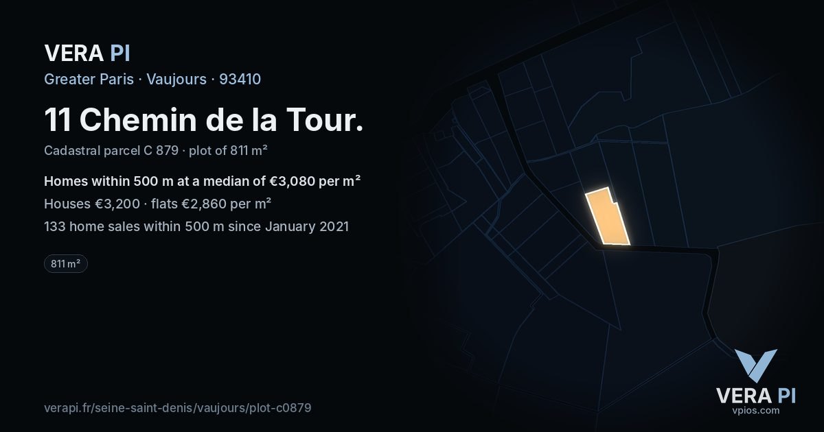 11 Chemin de la Tour, Vaujours at night – the plot lit, the parcels around coloured by the prices near them